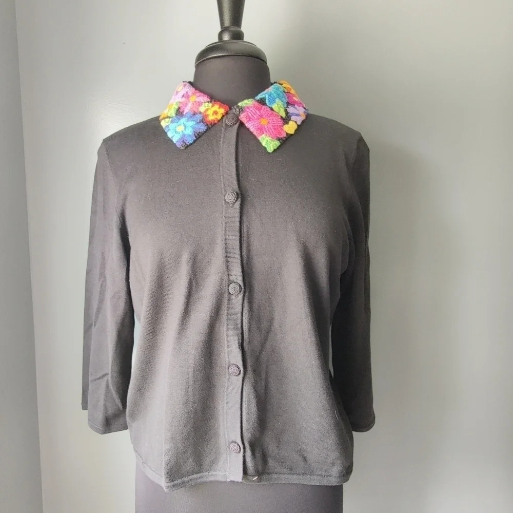 Michael Simon Black Cardigan with Neon Floral Embroidered Collar
